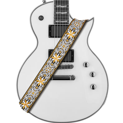 AMUMU Hootenanny Embroidery Guitar Strap Yellow Cotton -CO03E-YL